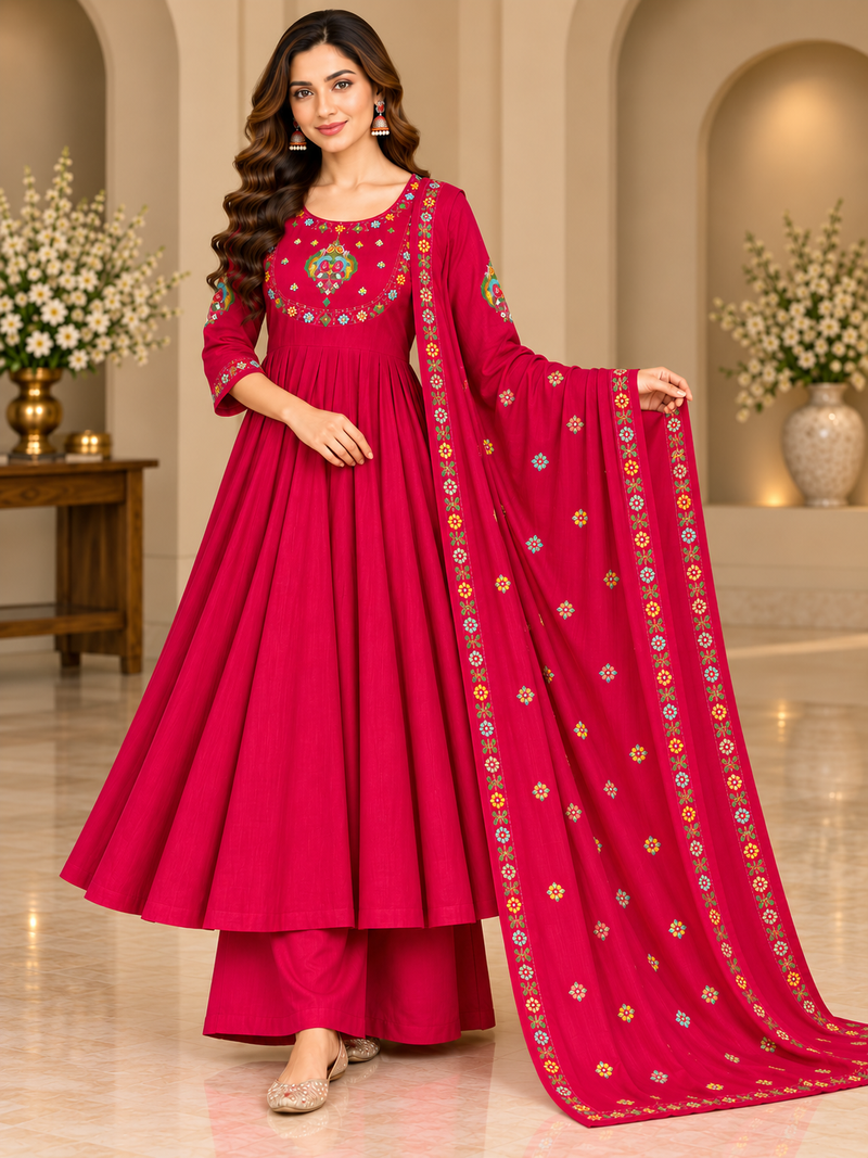 Red Floral Embroidered Anarkali Set