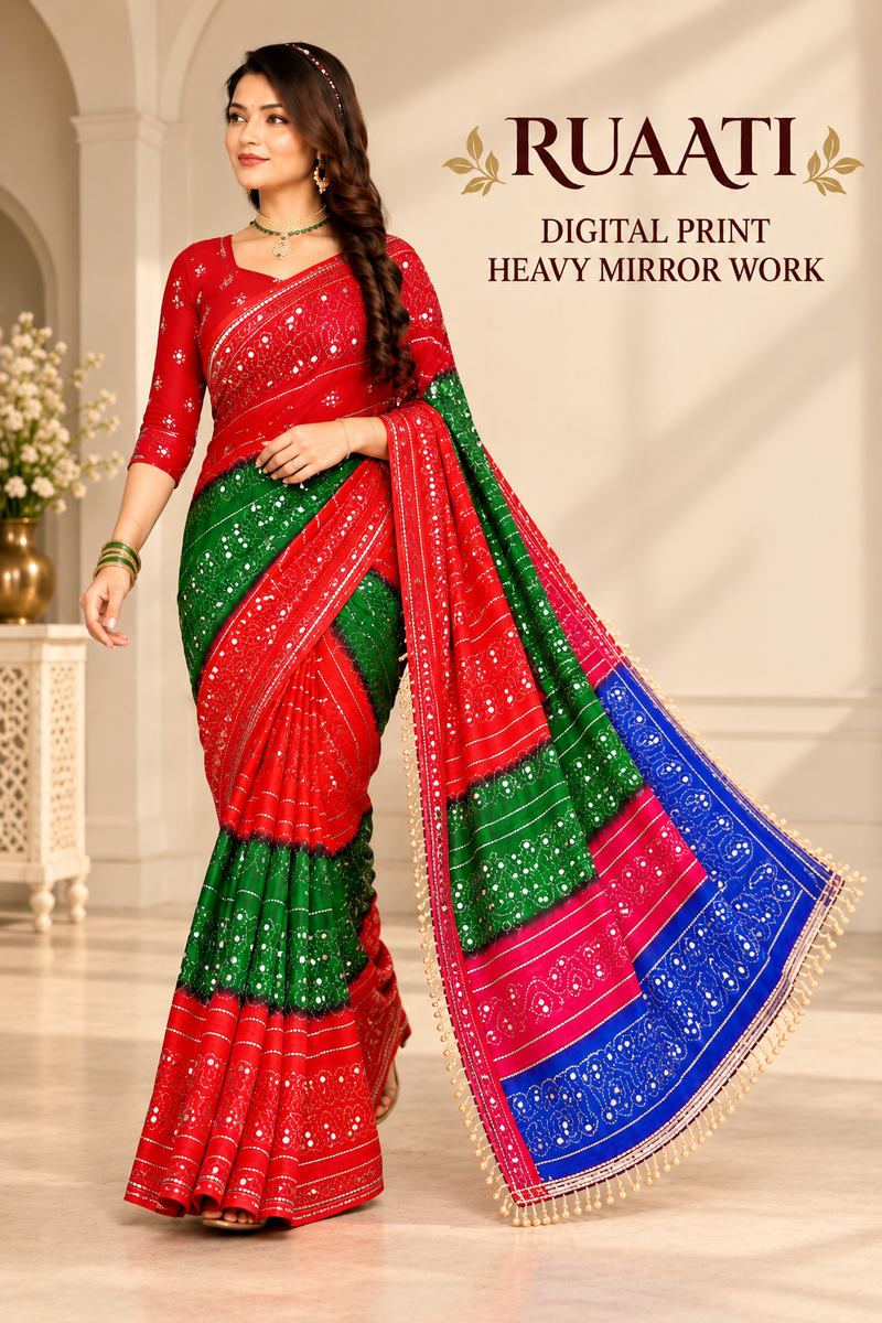 Multi Color Georgette Saree with Digital Print & Heavy Mirror Work