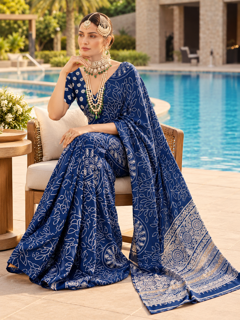 Blue Modal Silk Saree with Mirror Work & Designer Border