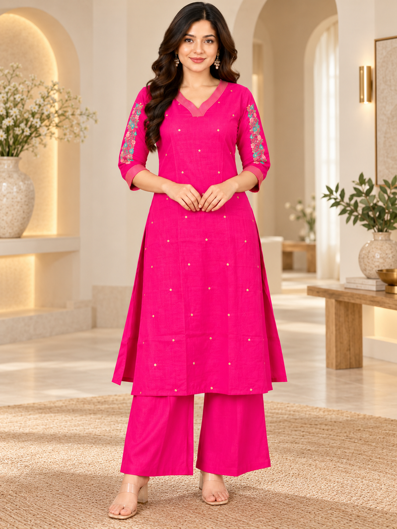 Bright Pink Embroidered Kurta Set