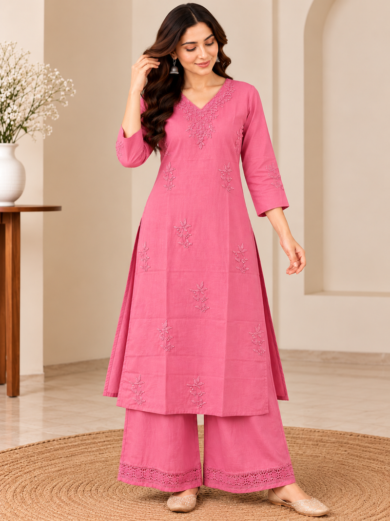 Pink Embroidered Cotton Kurta Set