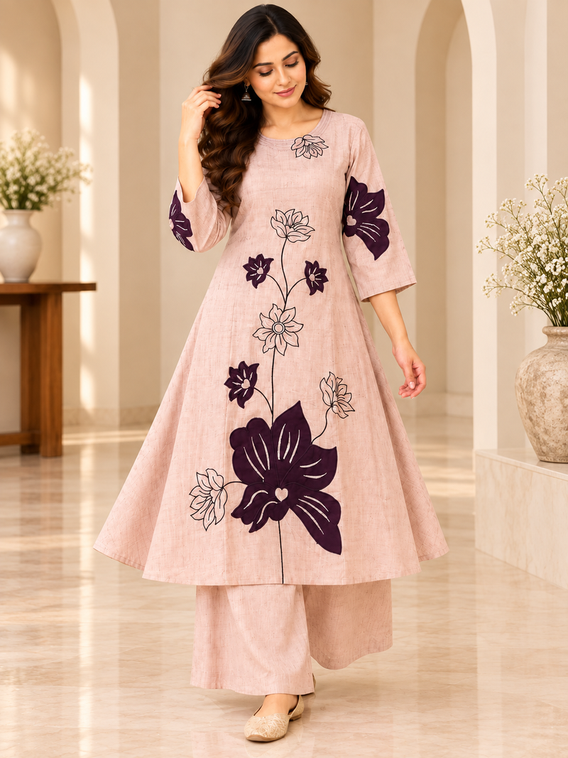 Blush Pink Floral Embroidered Kurta Palazzo Set