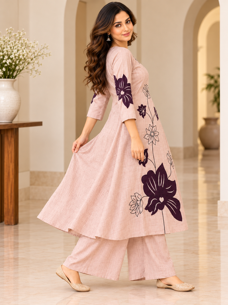 Blush Pink Floral Embroidered Kurta Palazzo Set