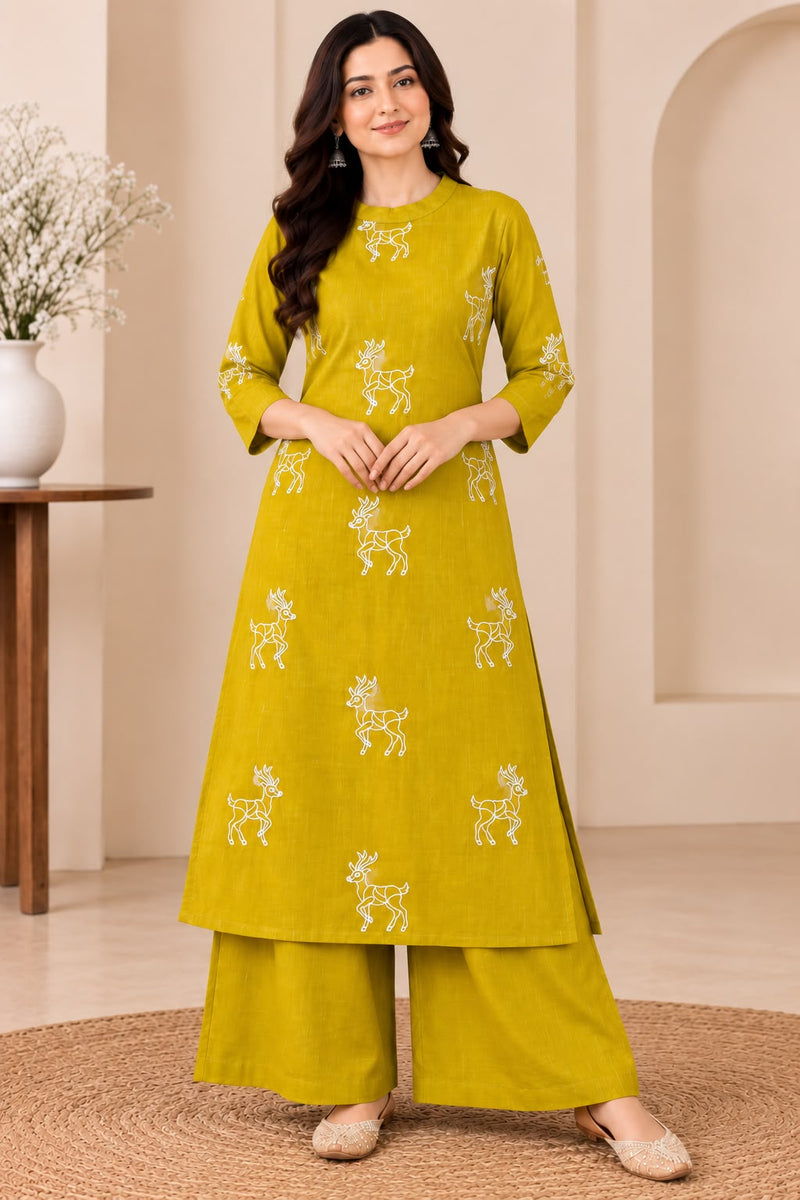 Olive Green Deer Print Cotton Kurta Set