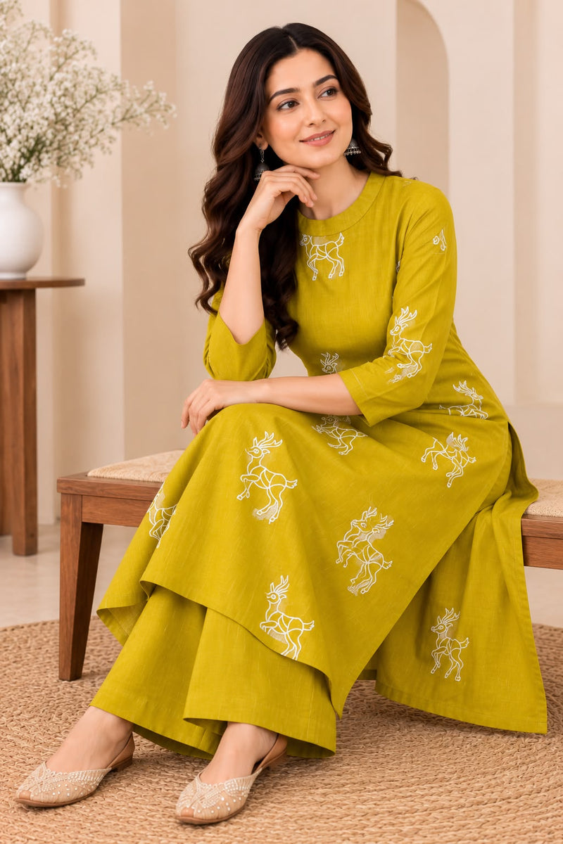 Olive Green Deer Print Cotton Kurta Set