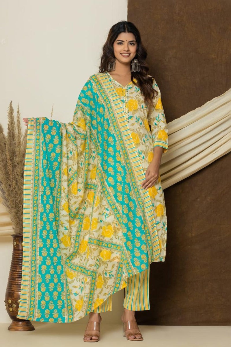 Turquoise Yellow Floral Printed Premium Cotton Suit Set