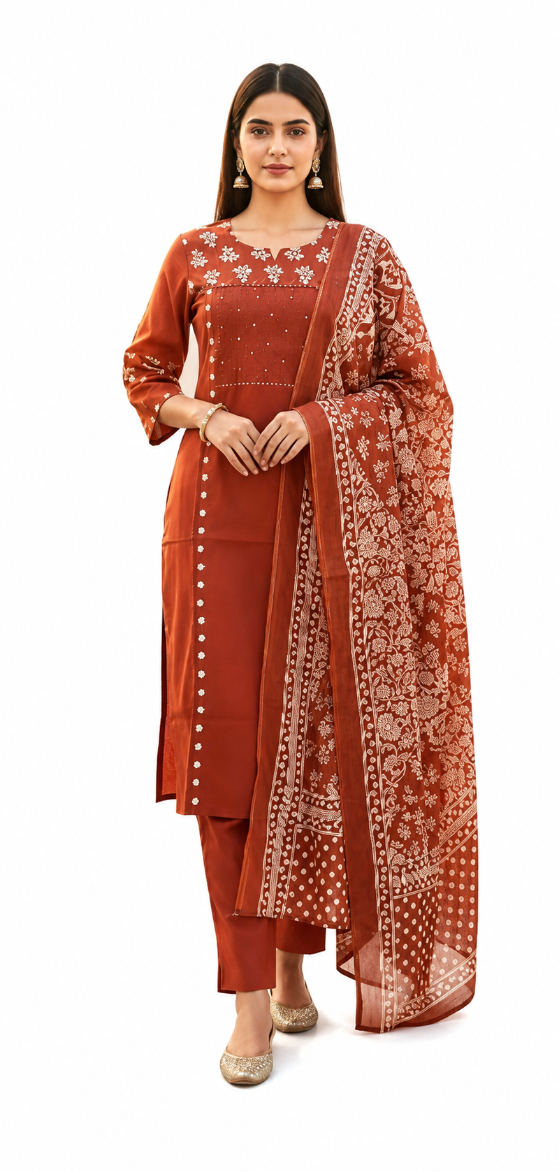 Ruaati Rust Floral Cotton Embroidered Suit Set