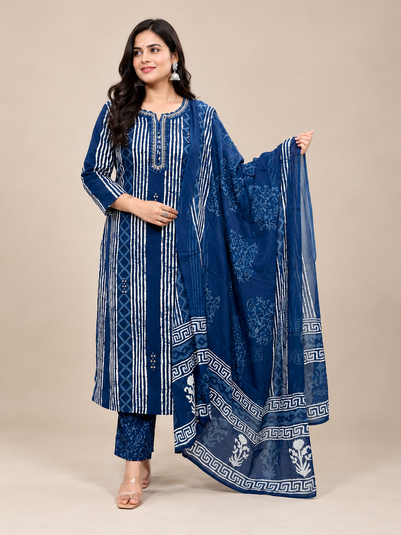 Navy Blue Printed Cotton Suit Set