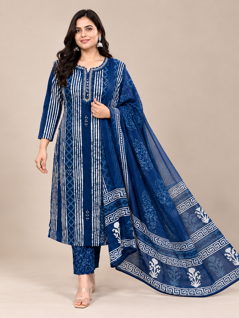 Navy Blue Printed Cotton Suit Set