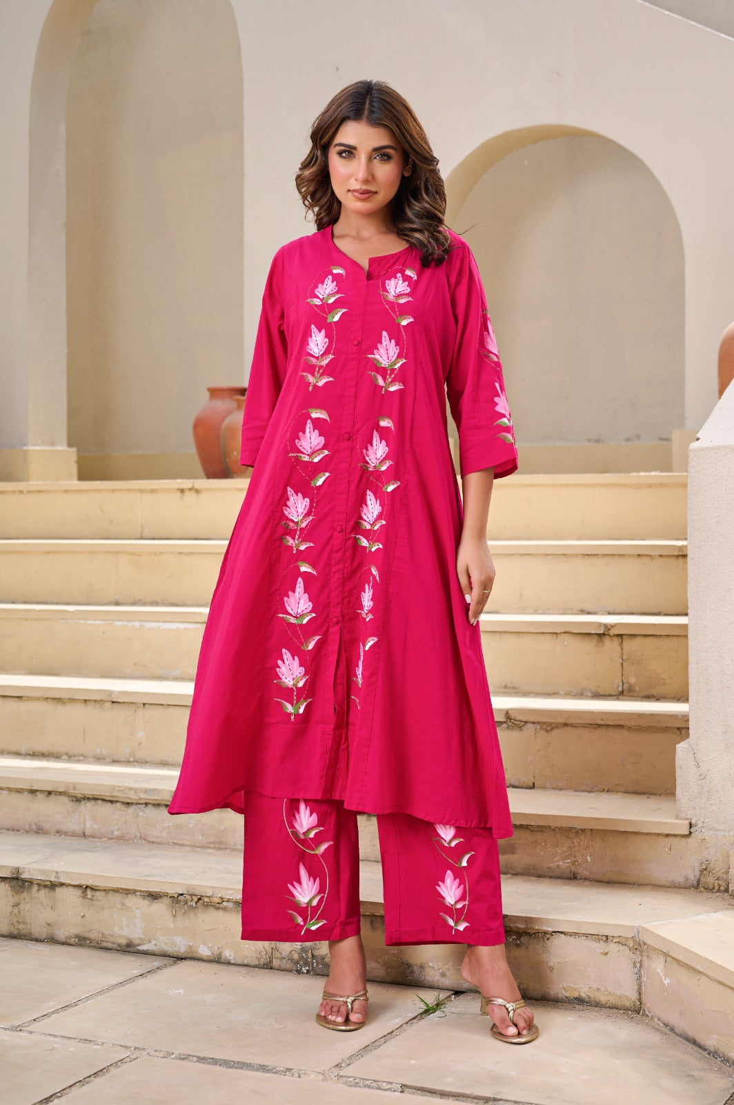 Pink Floral Kurti, Top & Pant Combo Set, Cotton fabric, Super Fitting & Superior Quality Cotton Fabric