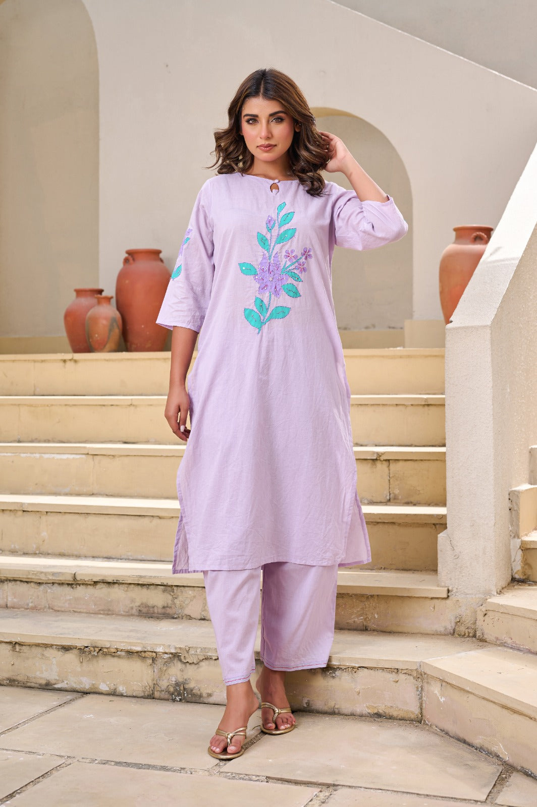 Lilac Floral Kurti, Top & Pant Combo Set, Cotton fabric, Supper Fitting & Superior Quality Cotton Fabric.