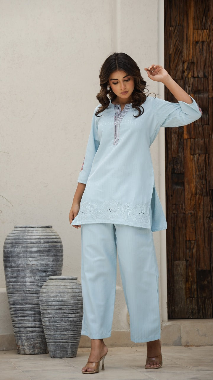 Powder Blue Block Print Kurti, Top & Pant Combo Set, Super Fitting & Superior Quality Cotton Fabric.