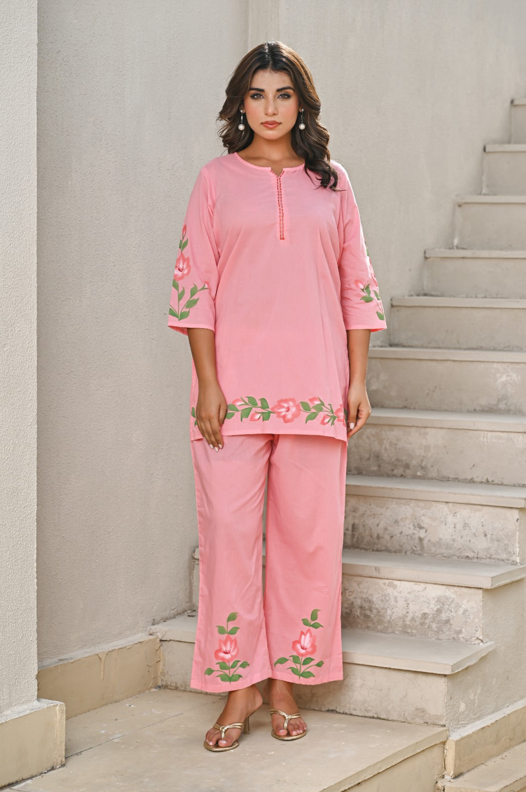 Blush Pink Floral Kurti, Top & Pant Combo Set. Cotton fabric, Supper Fitting & Superior Quality Cotton Fabric.