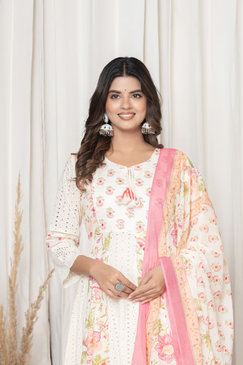 Premium White & Pink Color Suit with Embroidery work in round Neck, Mul Pure Cotton Fabric, Anarkali & Schiffli Design Arm (Lace work) and Bottom (Lace work) 3 Pc Set. Rich Cotton Fabric.