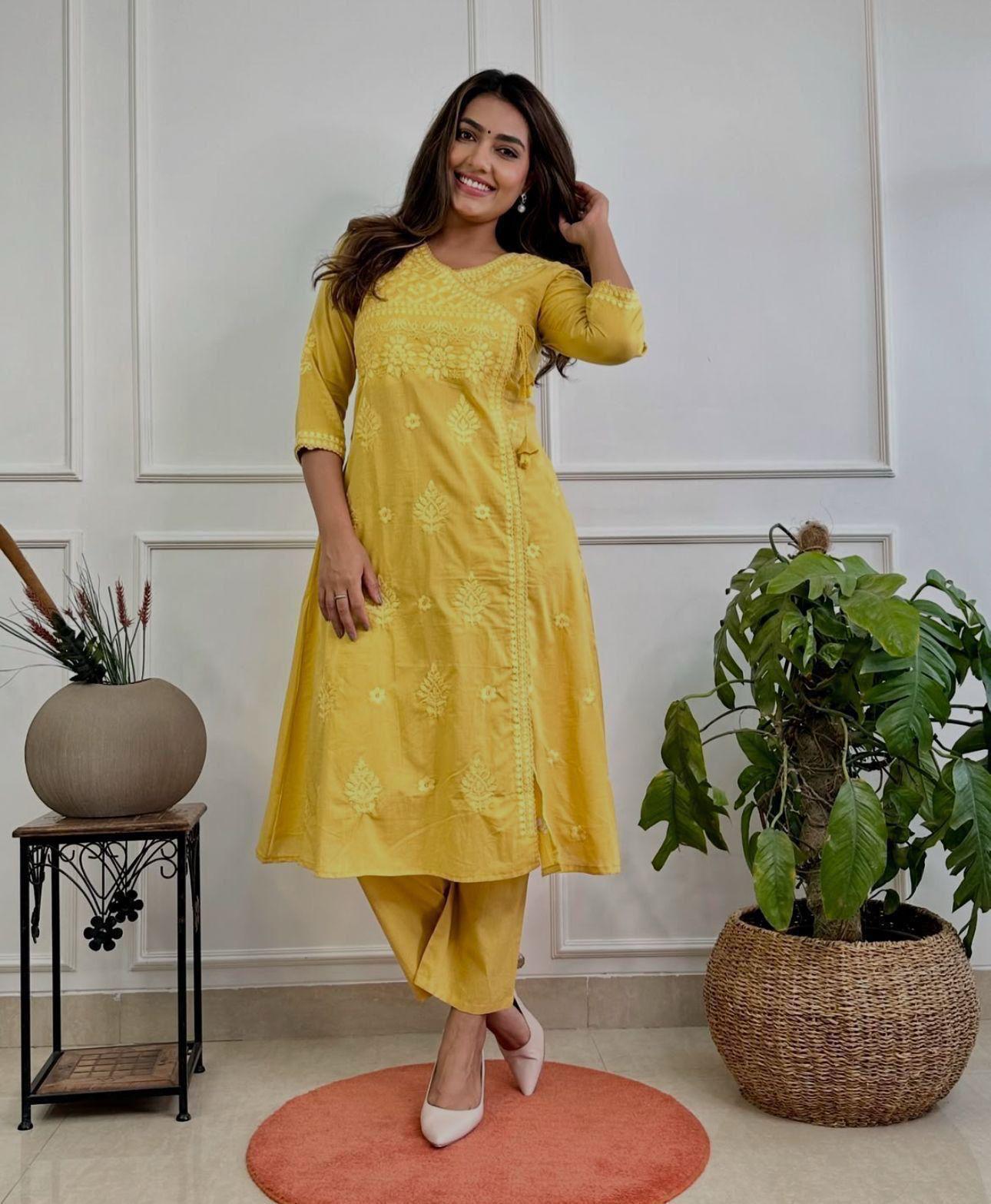 Heavy Chicken Kari Embroidery, Yellow Color with Matching Cotton Thread; Beautiful Suit 3 PC Set.