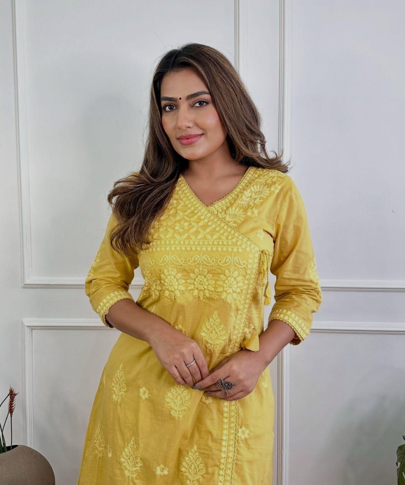 Heavy Chicken Kari Embroidery, Yellow Color with Matching Cotton Thread; Beautiful Suit 3 PC Set.