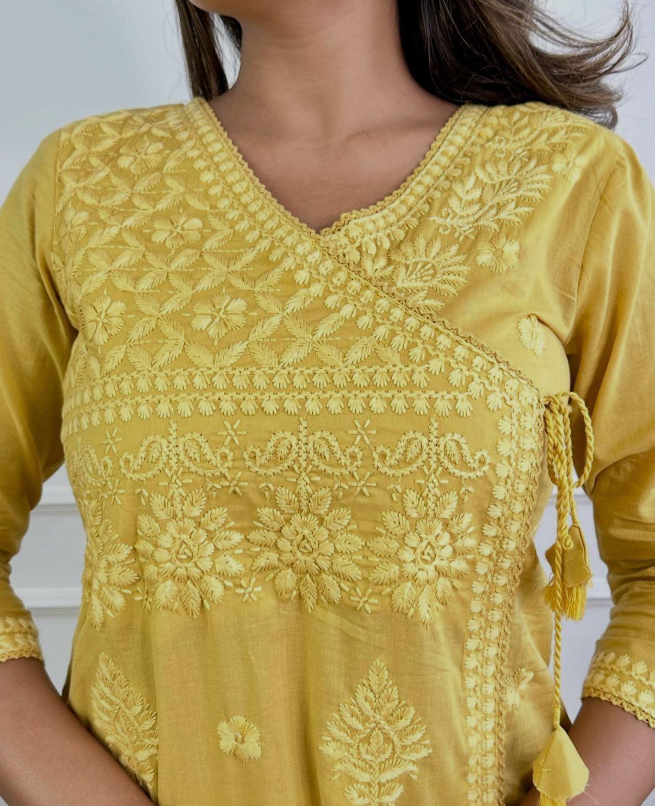 Heavy Chicken Kari Embroidery, Yellow Color with Matching Cotton Thread; Beautiful Suit 3 PC Set.