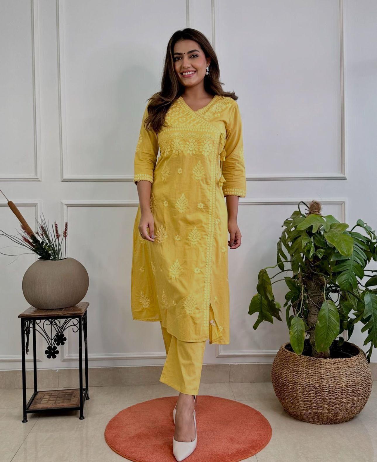 Heavy Chicken Kari Embroidery, Yellow Color with Matching Cotton Thread; Beautiful Suit 3 PC Set.