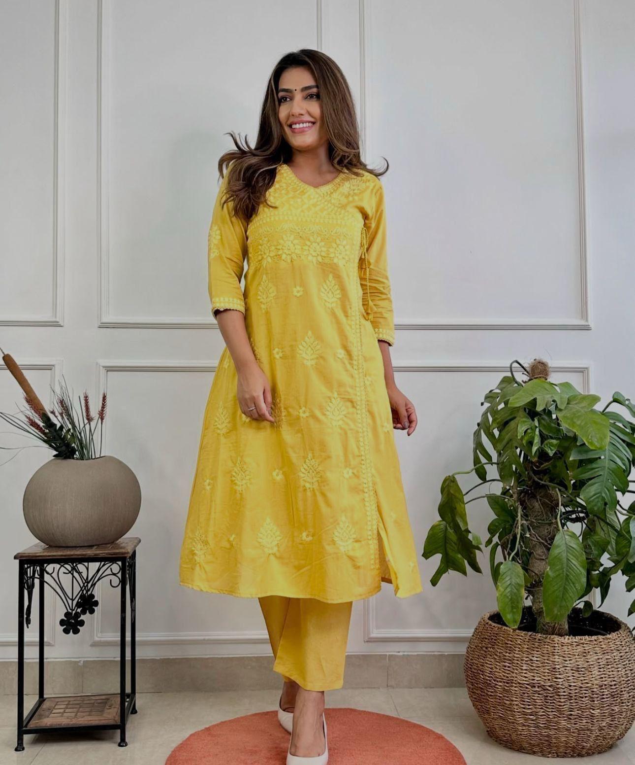 Heavy Chicken Kari Embroidery, Yellow Color with Matching Cotton Threa Ruaati I India Leading Ladies Apparel Company Heavy Chicken Kari Embroidery, Yellow Color with Matching Cotton Threa Ruaati I India Leading Ladies Apparel Company
