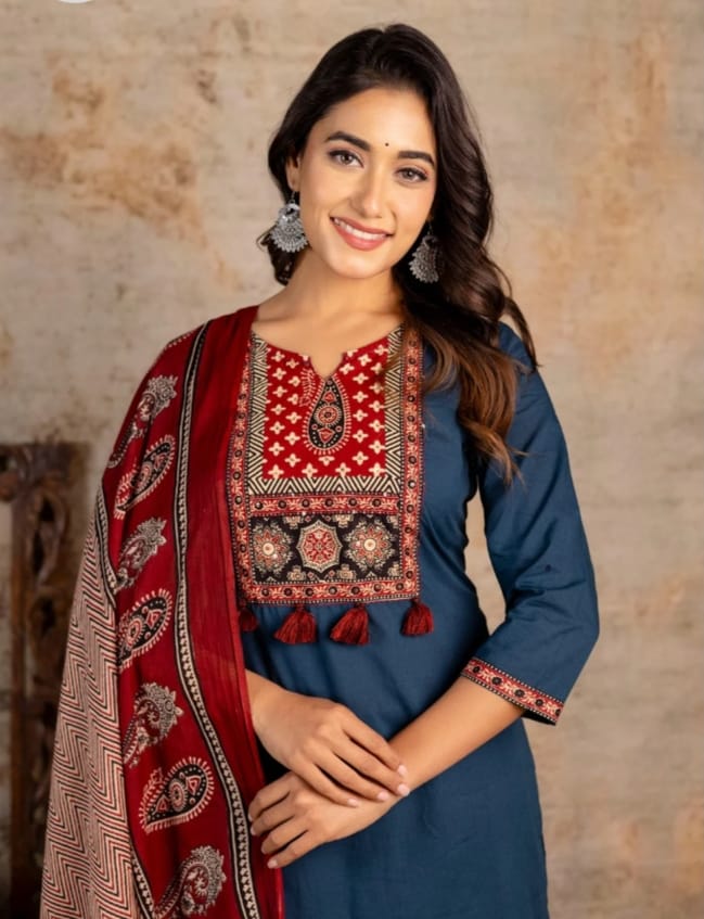 Women Ajrakha Embroidered Kurta set with Dupatta 3 Pc. Set.