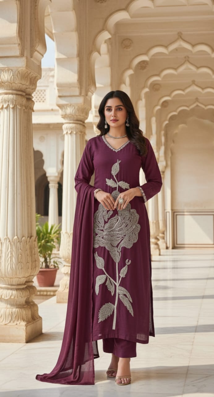 Premium & Rich Cotton Suits with Detailing works, Embroidery work detail on yoke in suit, 3 Pc. Set