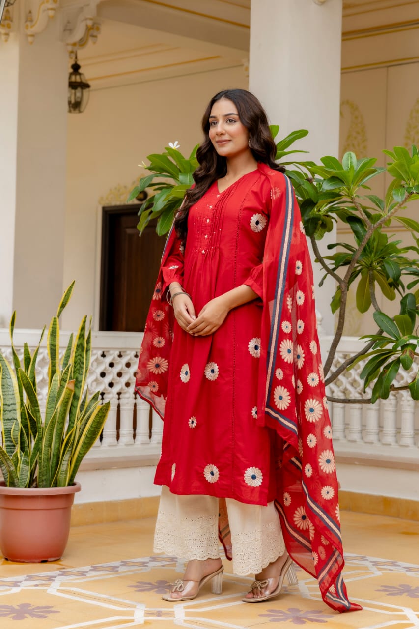 Elegant Red Cotton 3-Piece Suit with Floral Print Dupatta