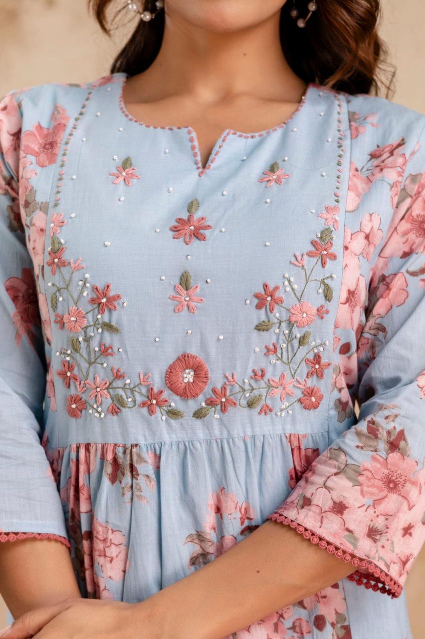 Sky Blue Floral Print Anarkali Mul Cotton Fabric Suit Set