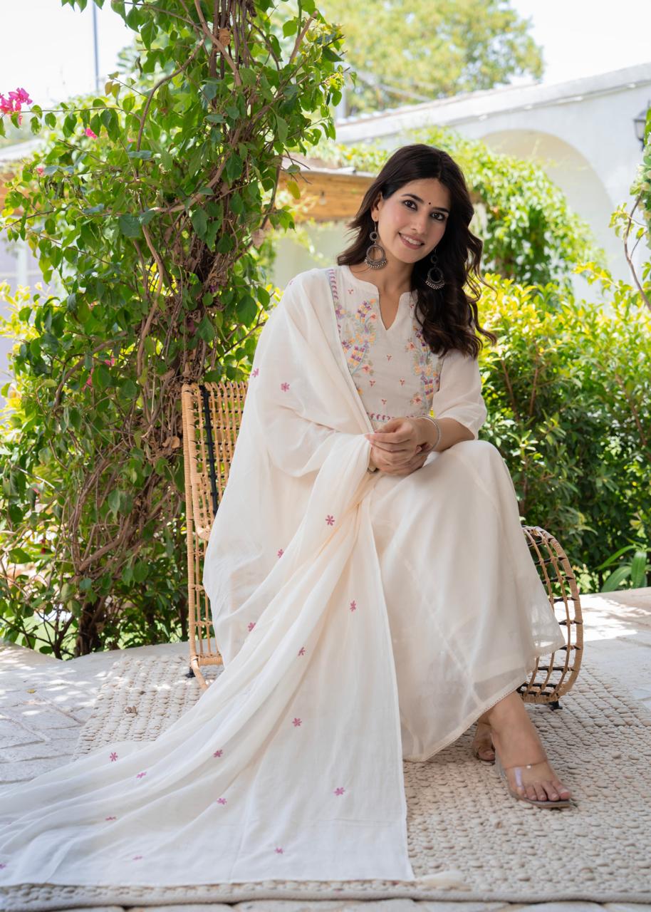 Elegant Off-White Anarkali Suit with Delicate Pastel Embroidery