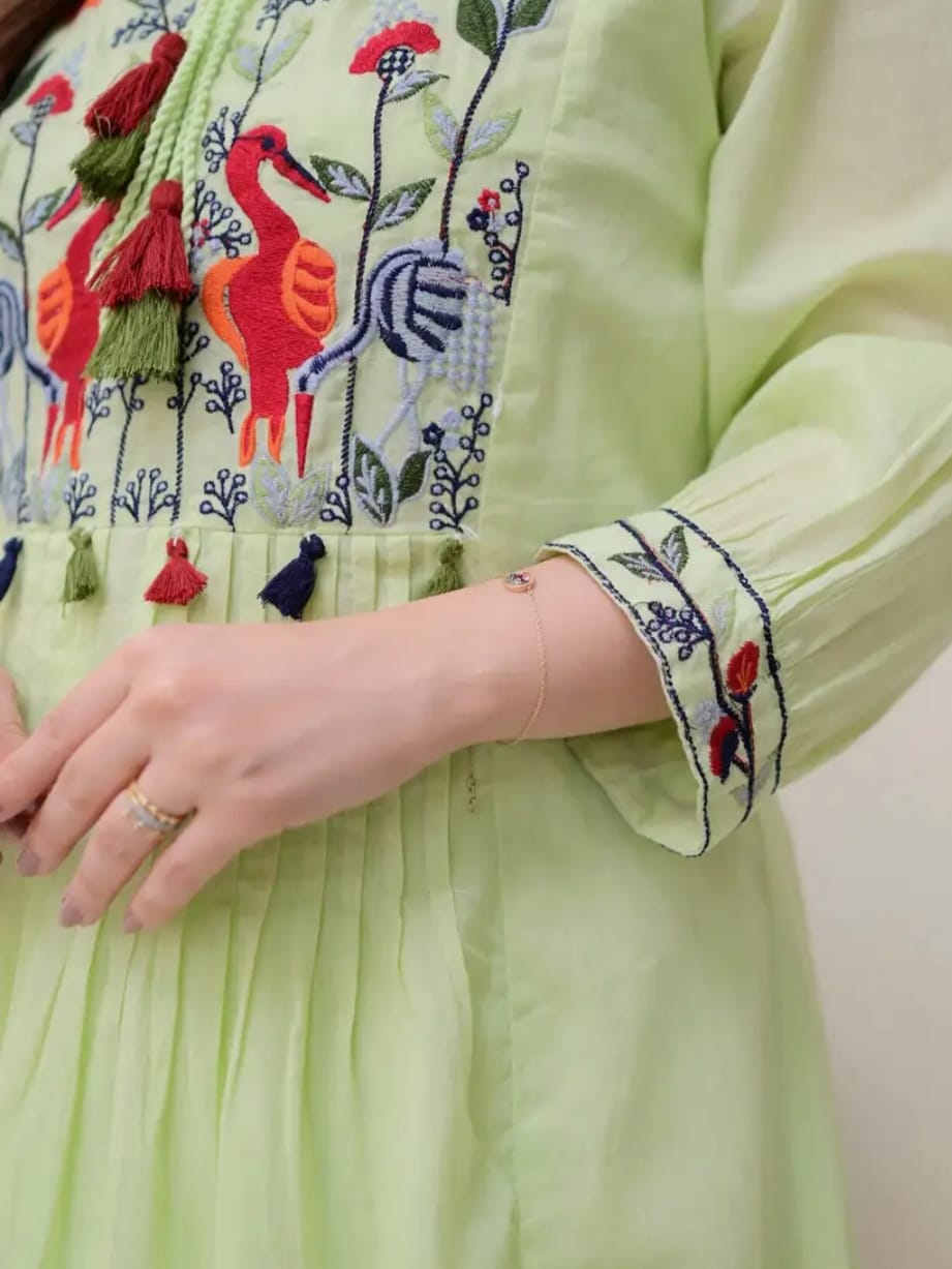 Soft Green Flared Kurti with Colorful Thread Embroidery