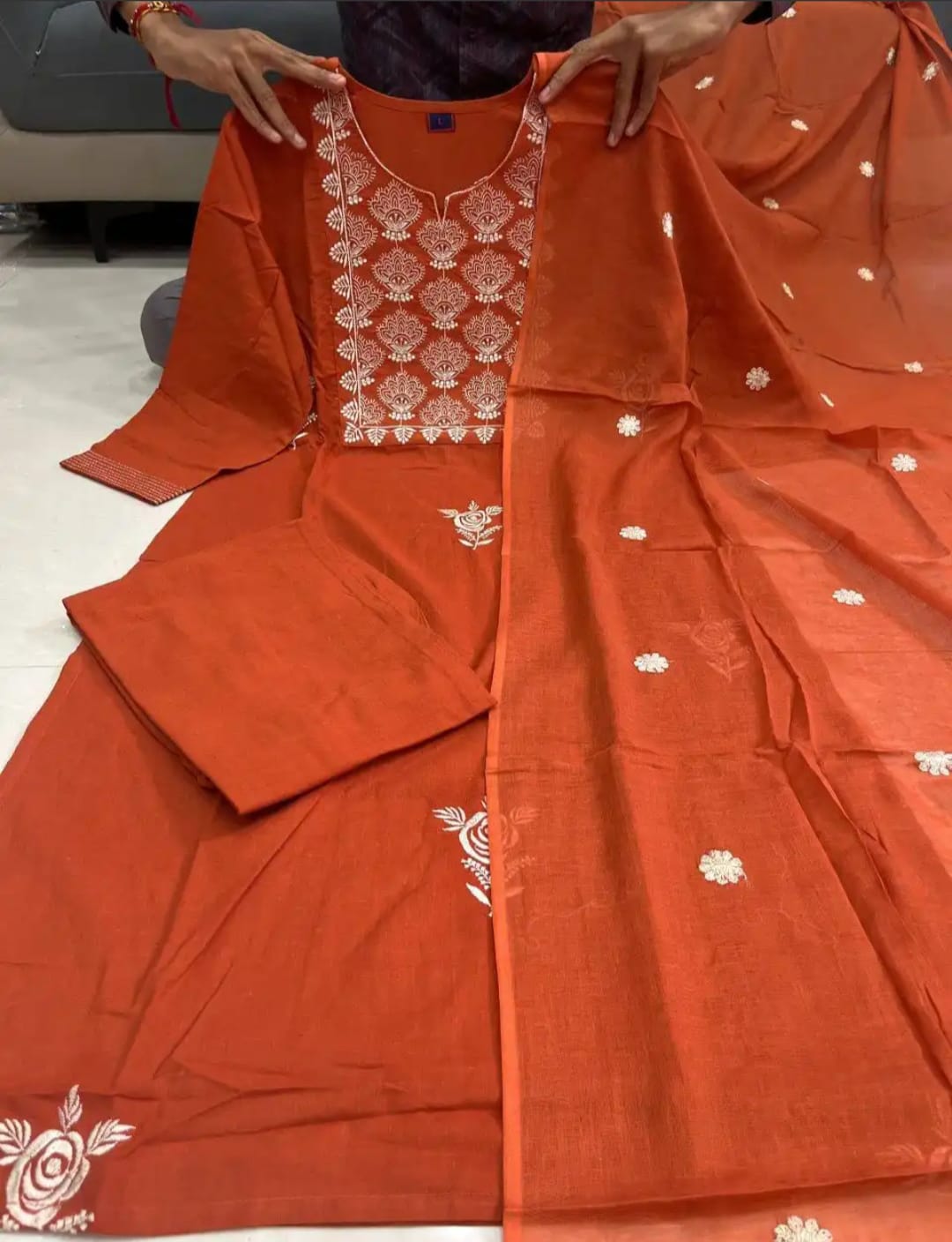 Rust Orange Embroidered A-Line Suit Set with Dupatta