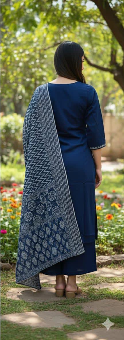 Ruaati Women Cotton Embroidered Blue Kurta Sets with Dupatta Ethnic Wear