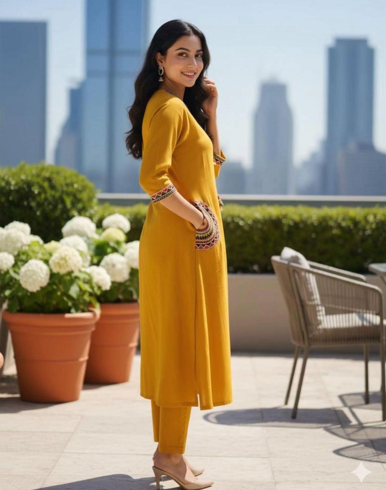 Ruaati Women Mustard Yellow Embroidered A-Line Kurta Set