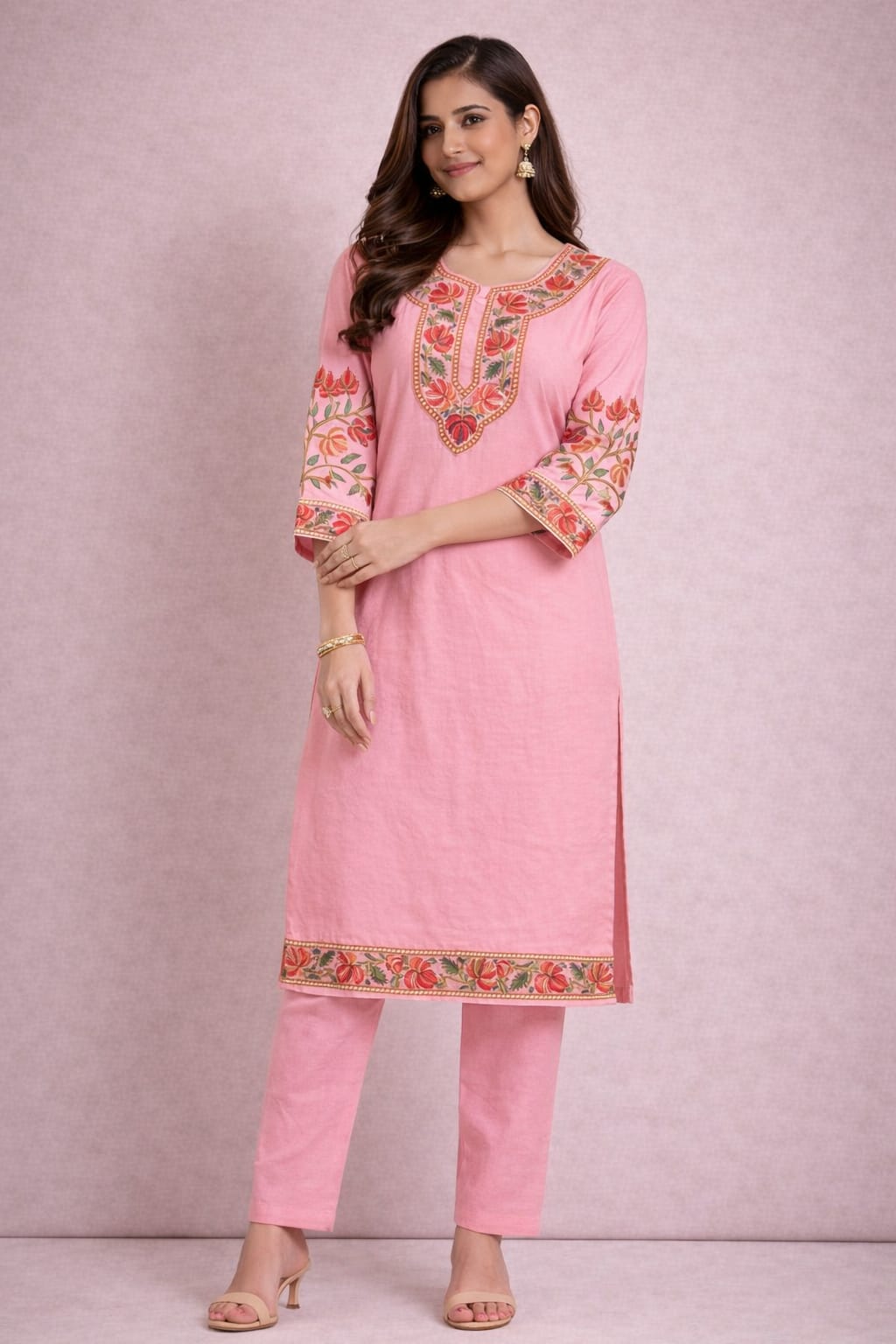 Ruaati Women Pink Reyon Embroidered Ethnic Wear with Traditional Neck & Border Work Kurti Set