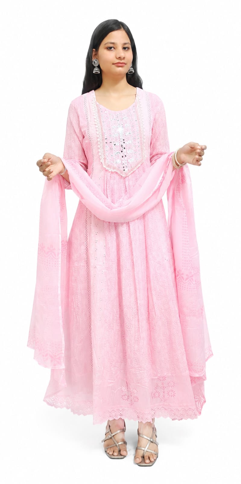 Ruaati Women Mul Cotton Baby Pink Embroidered Anarkali Suit Set with Dupatta
