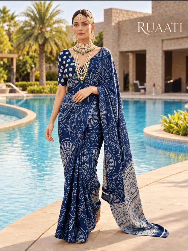 Blue Modal Silk Saree with Mirror Work & Designer Border