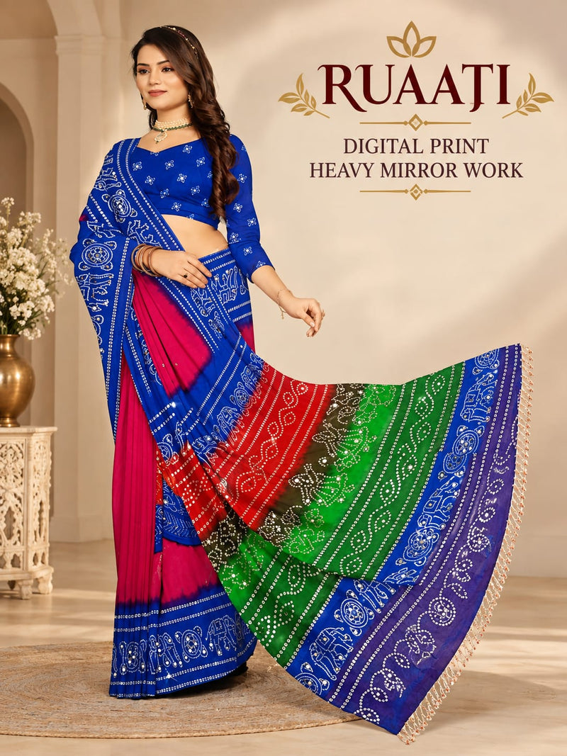 Multi Color Georgette Saree with Digital Print & Heavy Mirror Work
