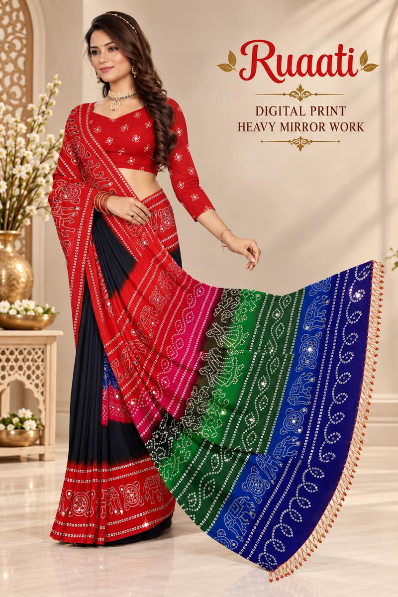 Multi Color Georgette Saree with Digital Print & Heavy Mirror Work