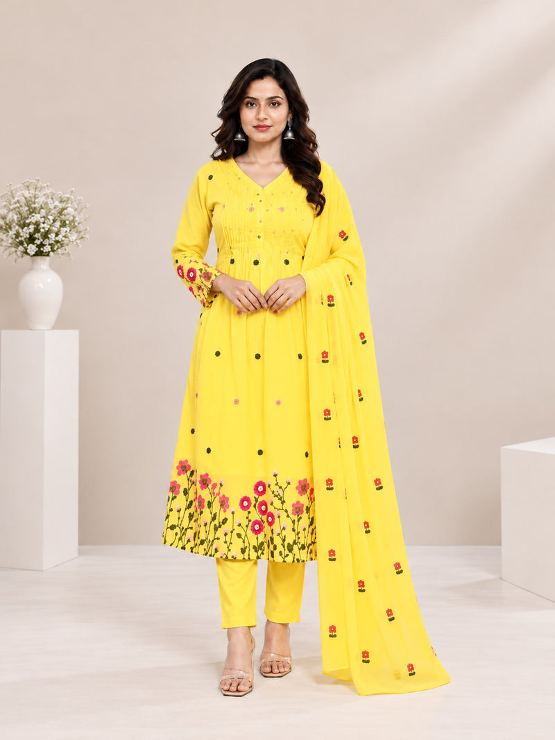 Lemon Yellow Floral Embroidered A-Line Suit Set