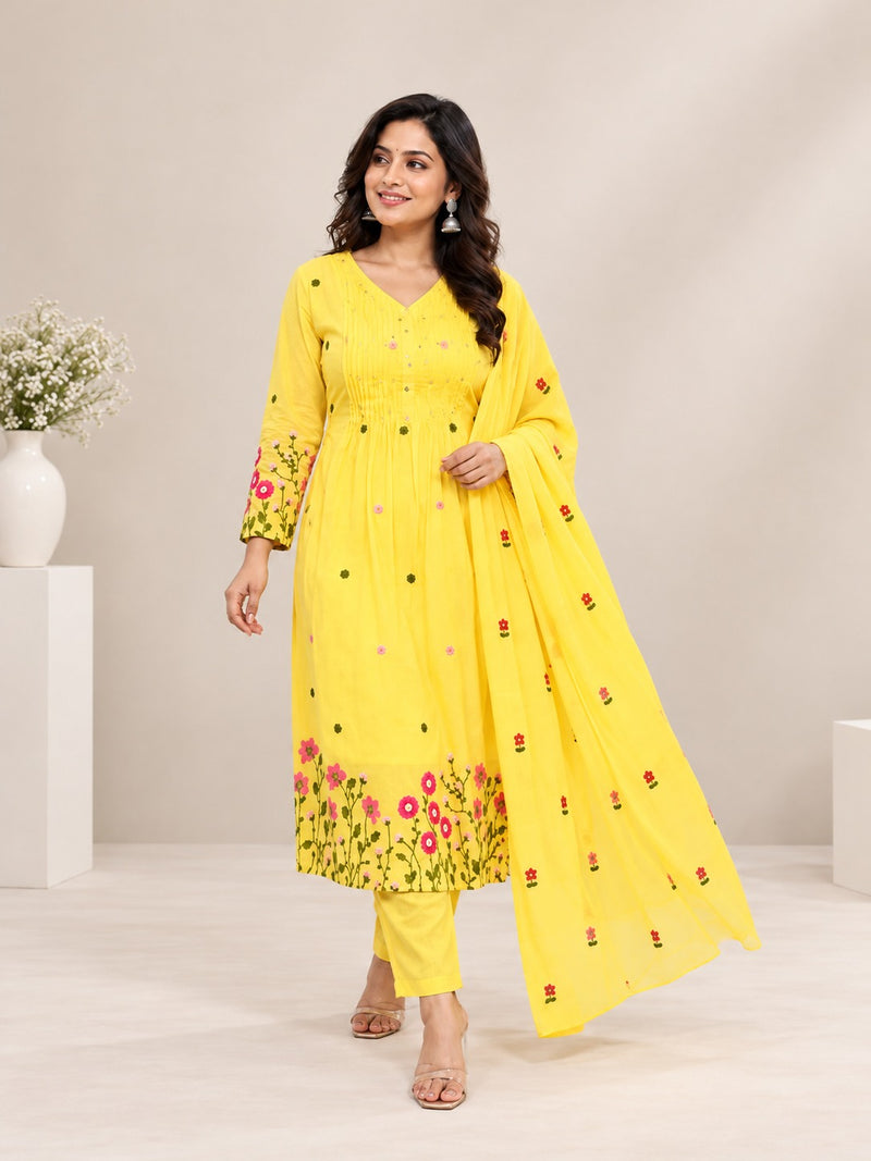Lemon Yellow Floral Embroidered A-Line Suit Set