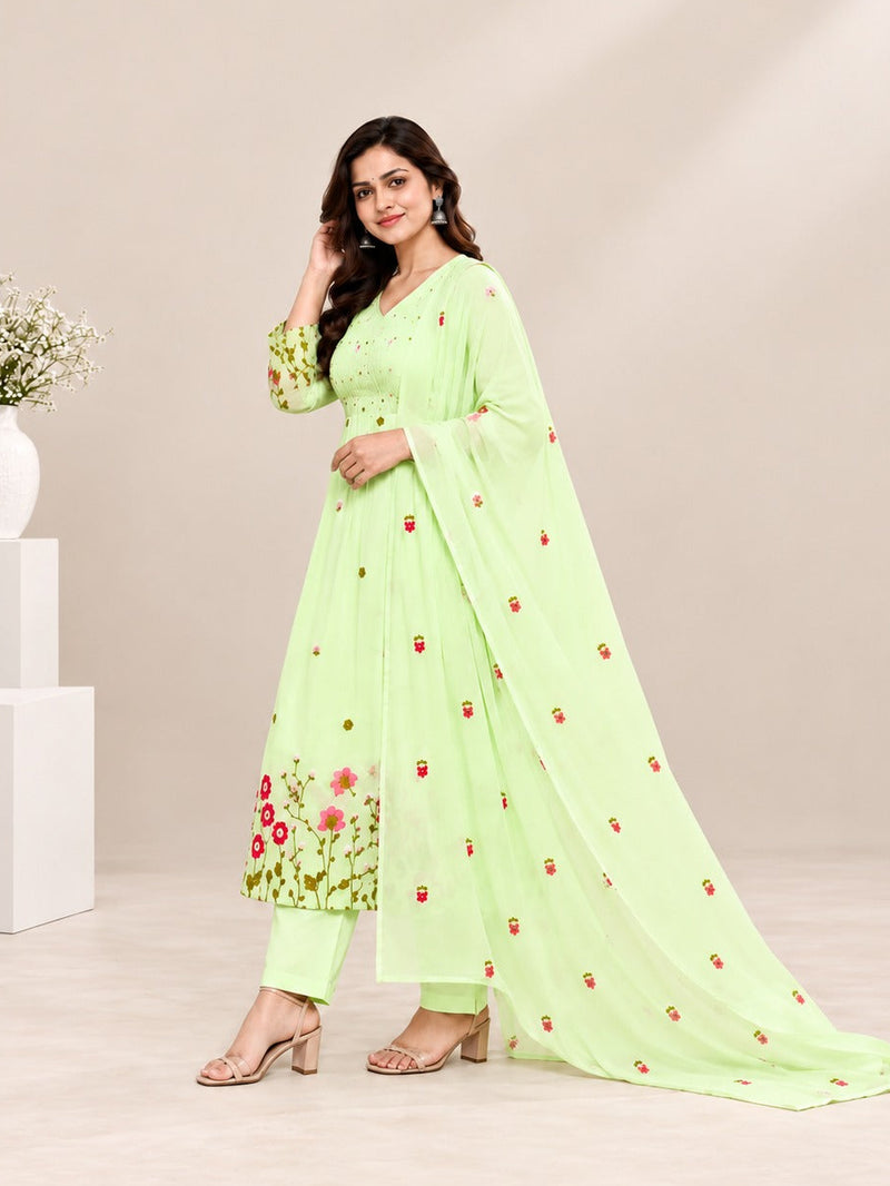 Mint Green Floral Embroidered A-Line Suit Set