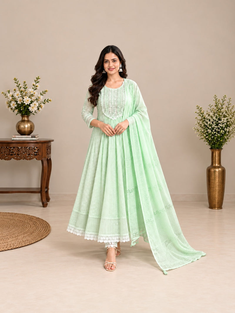 Mint Green Embroidered Mul Cotton Anarkali Set