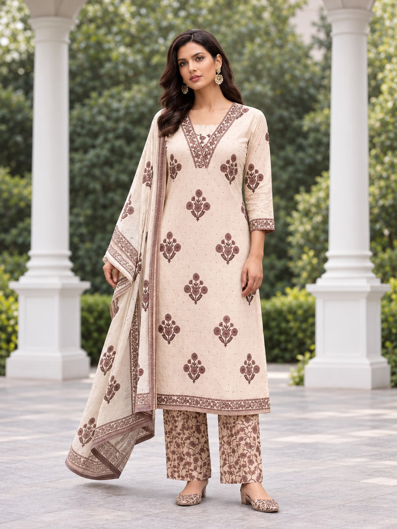 Beige Floral Cotton printed Suit Set