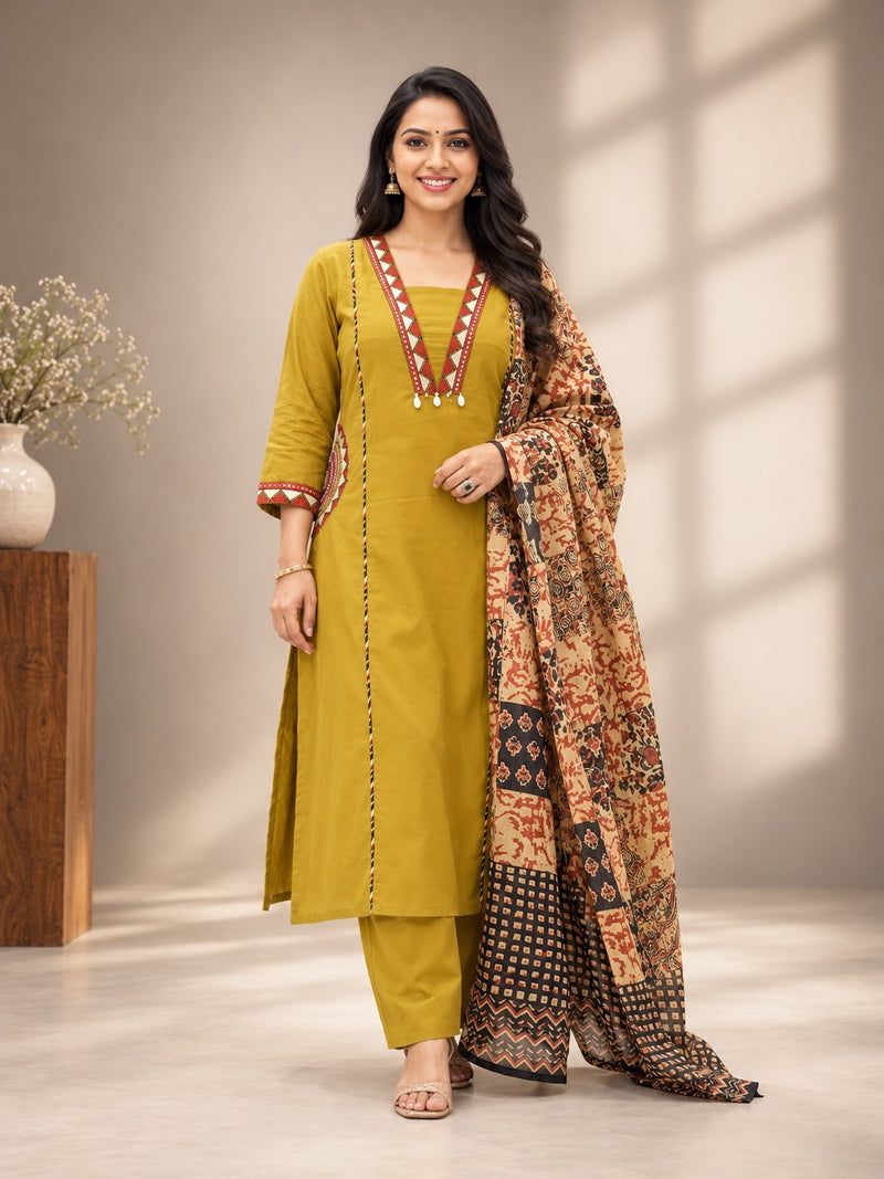 Olive Green Embroidered Straight Suit Set