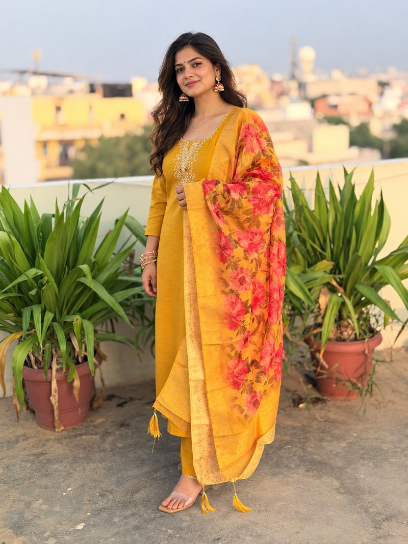 Mustard Yellow Matka Silk Embroidered Suit Set