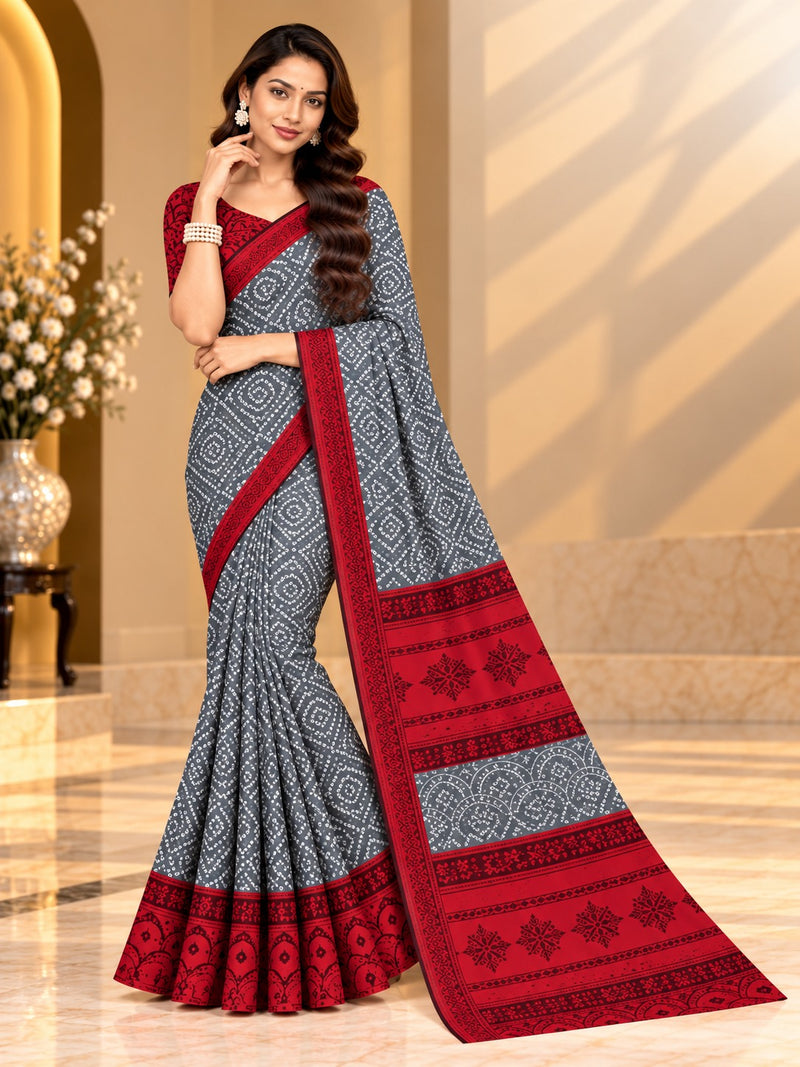 Grey Bandhani Printed Saree with Red Border