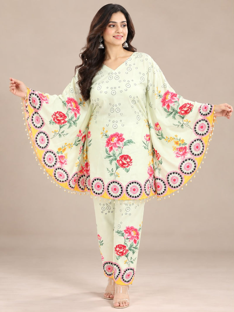Pista Green Floral Printed Japanese Crepe Kaftan Set