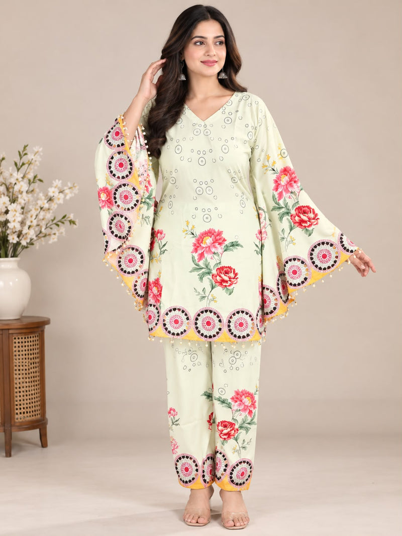 Pista Green Floral Printed Japanese Crepe Kaftan Set