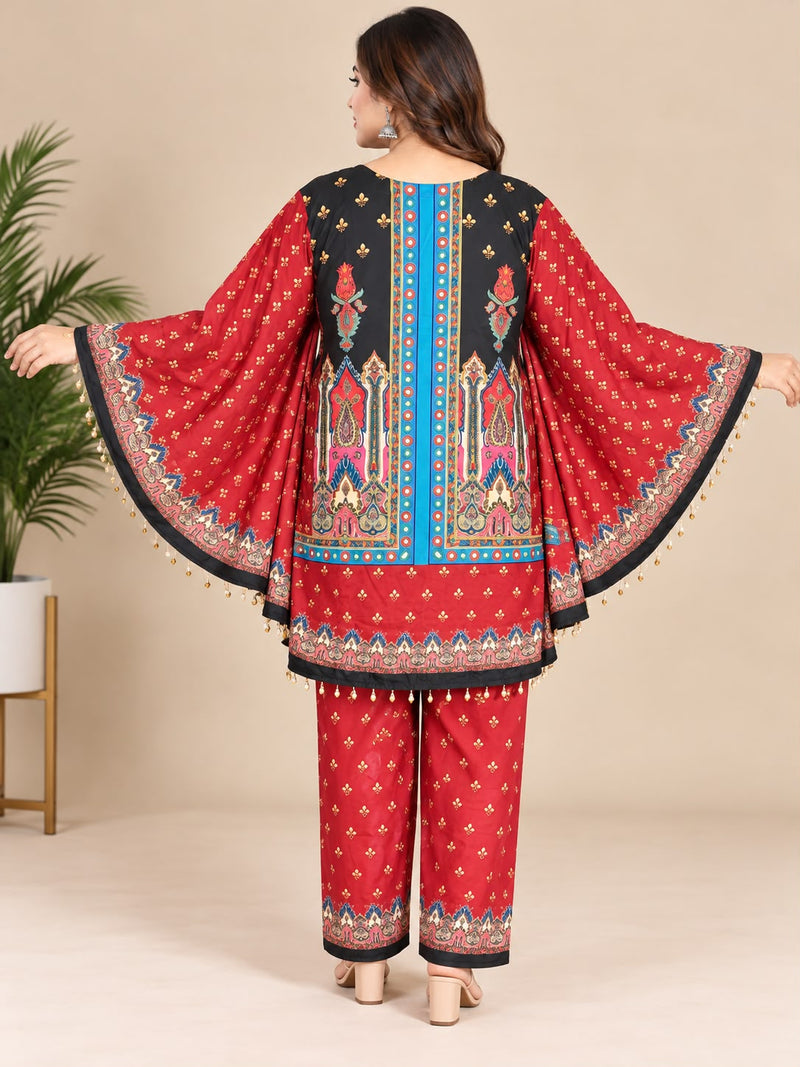 Red Ethnic Printed Japanese Crepe Kaftan Set