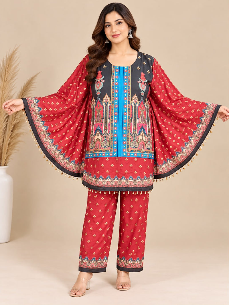 Red Ethnic Printed Japanese Crepe Kaftan Set
