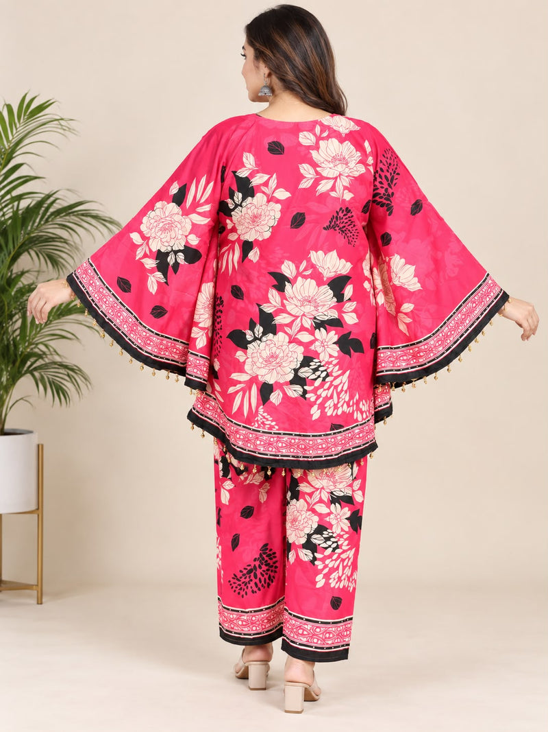 Rani Pink Floral Printed Japanese Crepe Kaftan Set